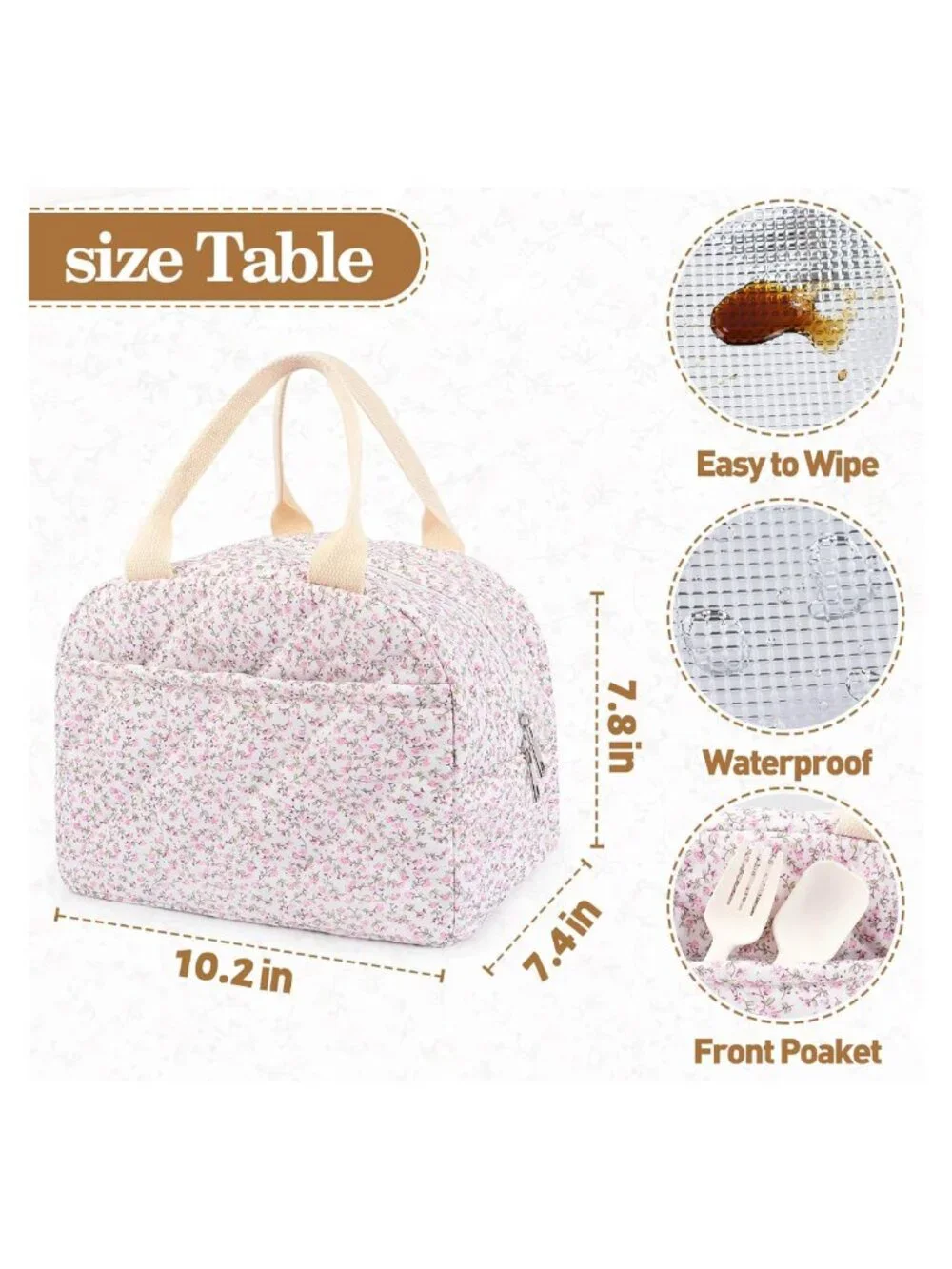 Quilted Cotton Insulated Lunch Bag Floral Reusable Lunch Tote